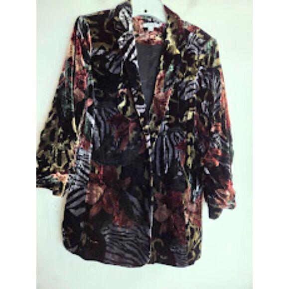 Chico's Women Black w/Red Blue Floral Velvet Scrunch Sleeve Blazer size 2/US 12 - Picture 1 of 8